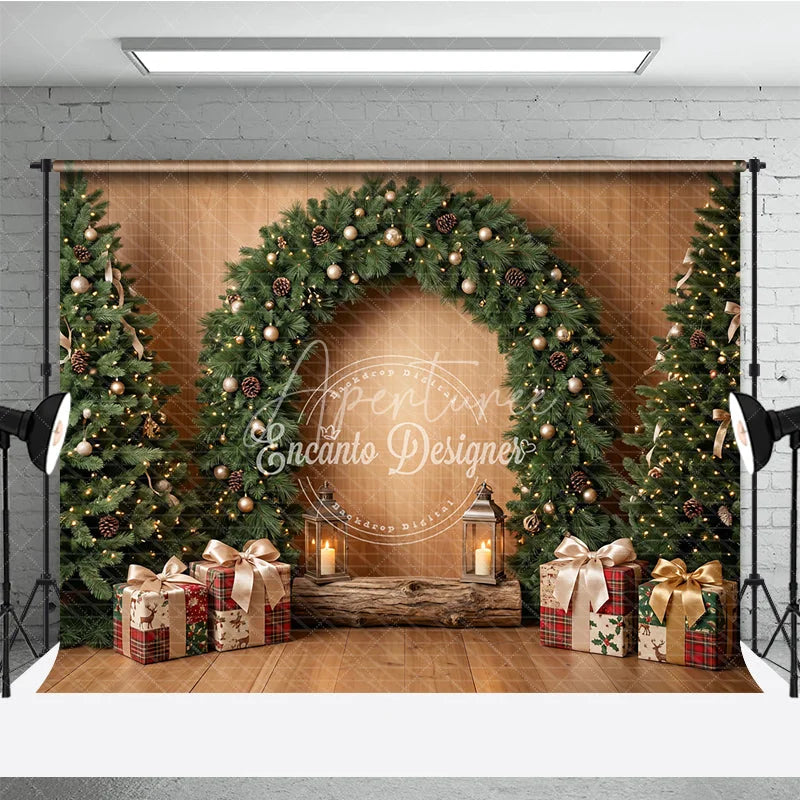 Aperturee - Aperturee Rustic Wooden Holiday Backdrop with Decorated Christmas Trees Festive Garland Arch and Golden Ornaments