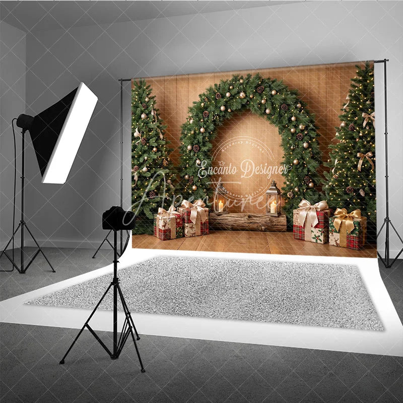 Aperturee - Aperturee Rustic Wooden Holiday Backdrop with Decorated Christmas Trees Festive Garland Arch and Golden Ornaments
