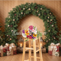 Aperturee - Aperturee Rustic Wooden Holiday Backdrop with Decorated Christmas Trees Festive Garland Arch and Golden Ornaments