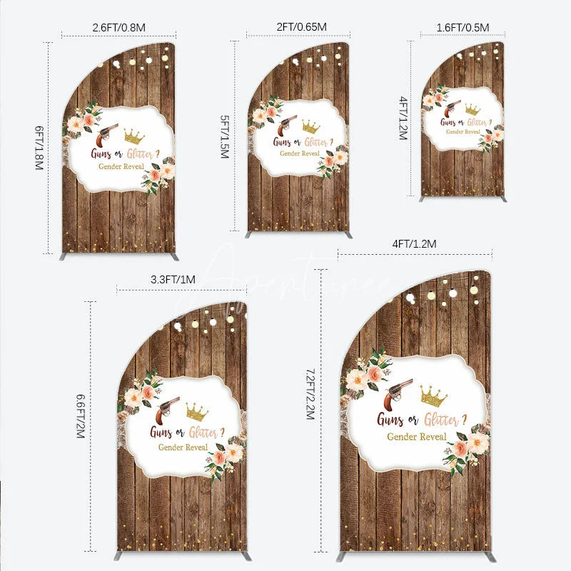 Aperturee - Aperturee Rustic Wooden Plank Cowboy and Glitter Crown Gender Reveal Half Moon Arch Backdrop Kit String Lights Decor