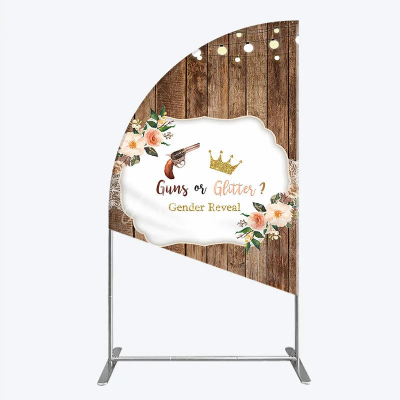 Aperturee - Aperturee Rustic Wooden Plank Cowboy and Glitter Crown Gender Reveal Half Moon Arch Backdrop Kit String Lights Decor