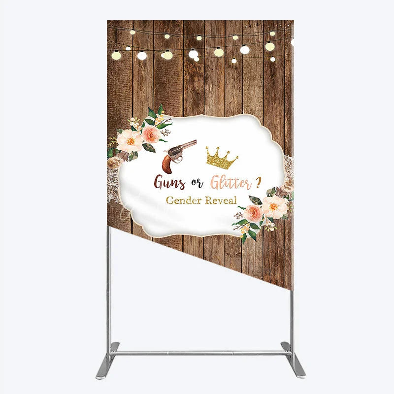 Aperturee - Aperturee Rustic Wooden Plank Cowboy and Glitter Crown Gender Reveal Rectangle Backdrop Kit String Lights Decor