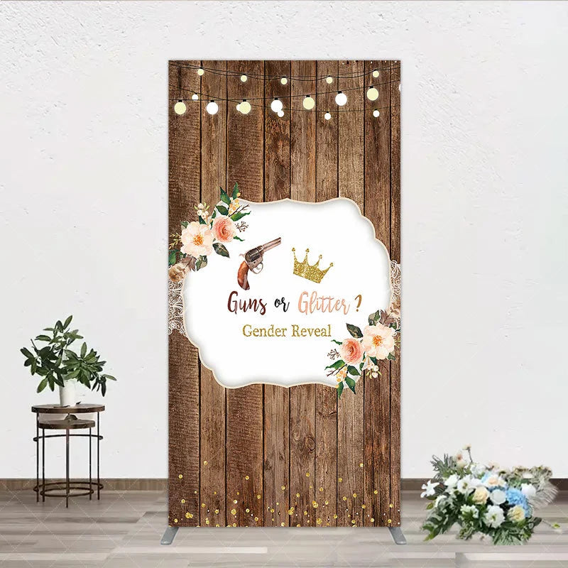 Aperturee - Aperturee Rustic Wooden Plank Cowboy and Glitter Crown Gender Reveal Rectangle Backdrop Kit String Lights Decor