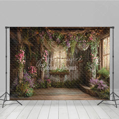 Aperturee - Aperturee Rustic Wooden Room Floral Photography Backdrop Enchanted Garden Window Twinkling Fairy Lights for Studio Portraits