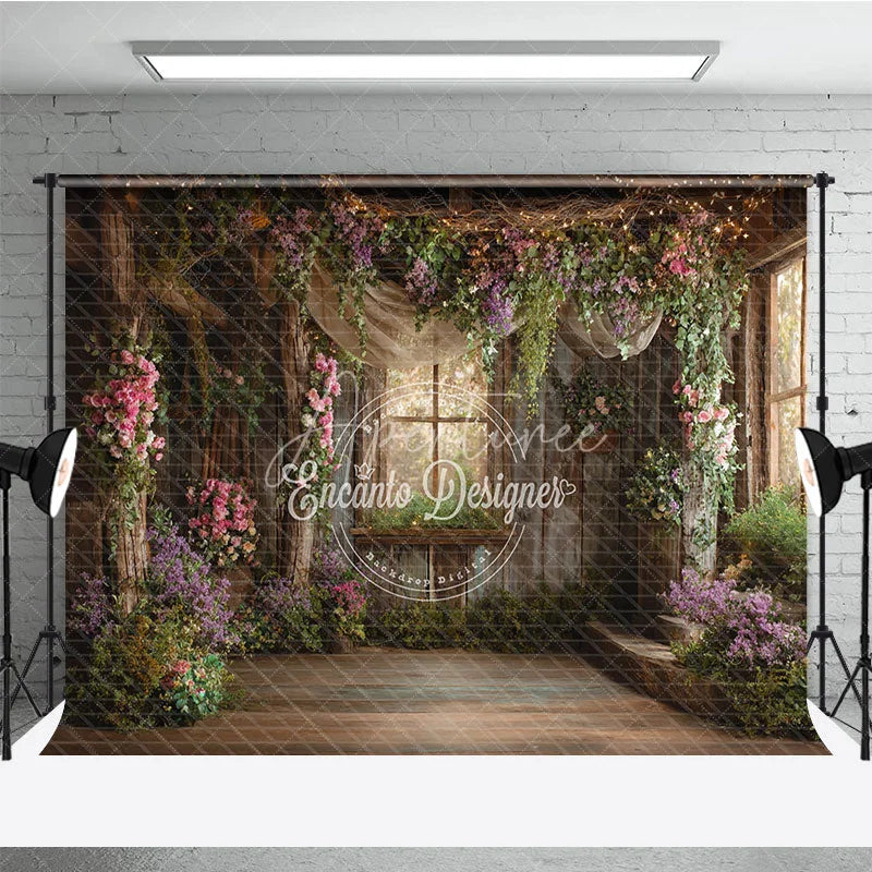 Aperturee - Aperturee Rustic Wooden Room Floral Photography Backdrop Enchanted Garden Window Twinkling Fairy Lights for Studio Portraits