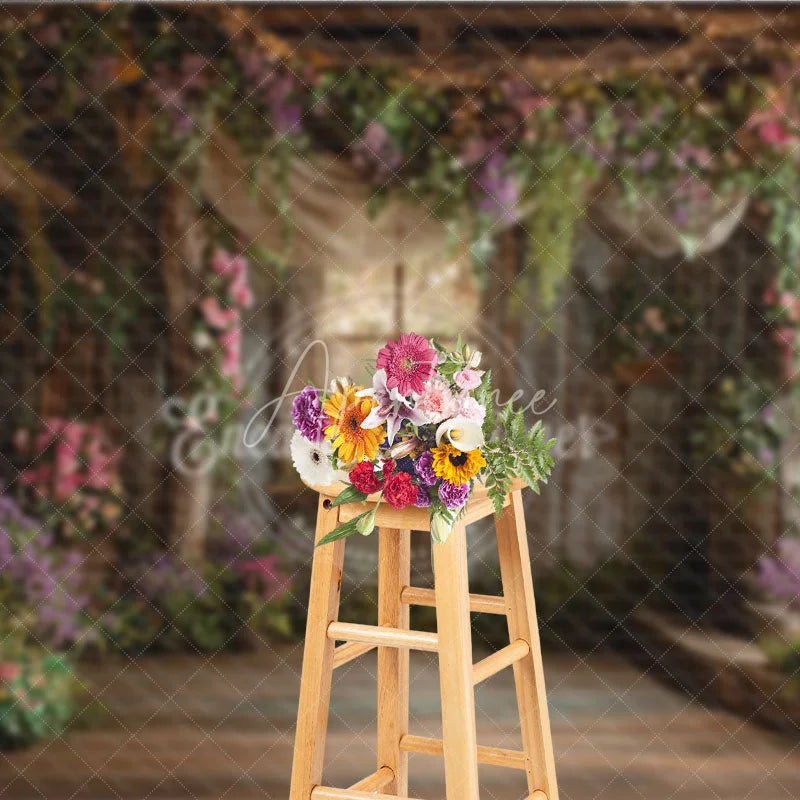 Aperturee - Aperturee Rustic Wooden Room Floral Photography Backdrop Enchanted Garden Window Twinkling Fairy Lights for Studio Portraits