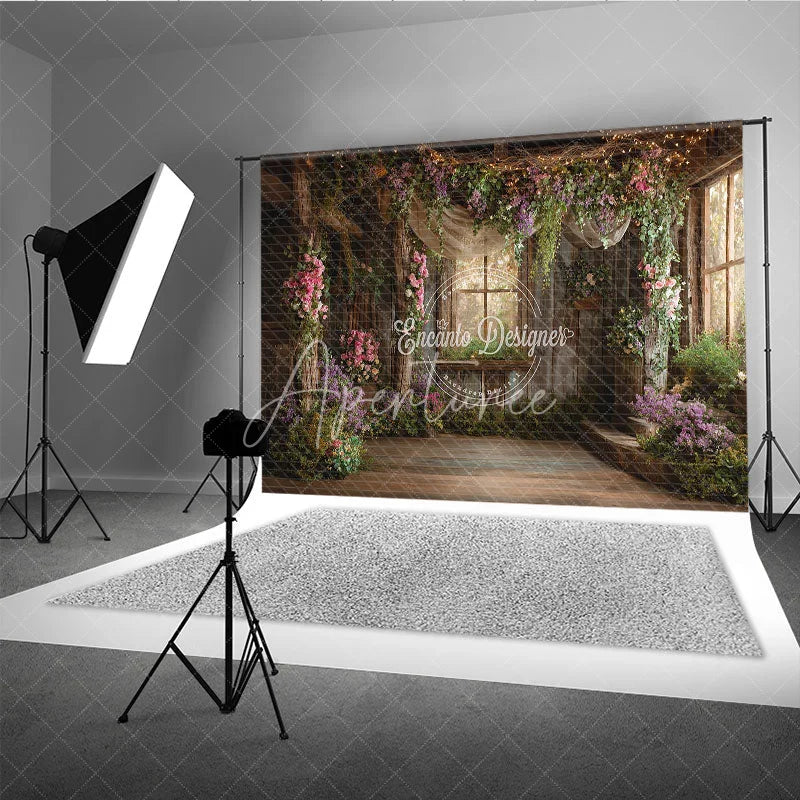 Aperturee - Aperturee Rustic Wooden Room Floral Photography Backdrop Enchanted Garden Window Twinkling Fairy Lights for Studio Portraits