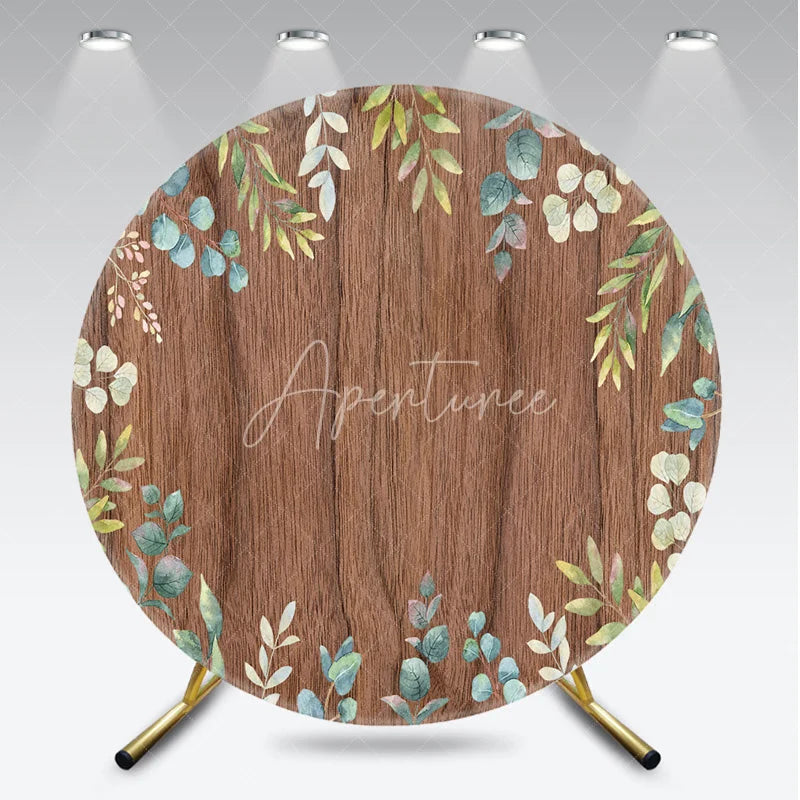 Aperturee - Aperturee Rustic Wooden Round Backdrop with Green Eucalyptus Leaves Elegant Natural Botanical Photo Booth Decor.