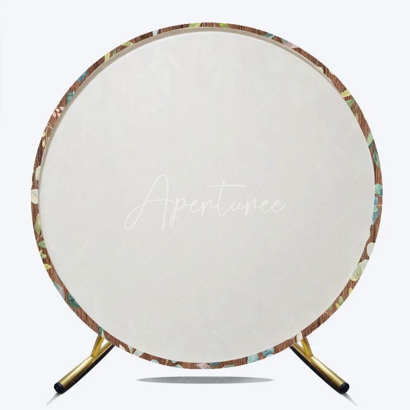 Aperturee - Aperturee Rustic Wooden Round Backdrop with Green Eucalyptus Leaves Elegant Natural Botanical Photo Booth Decor.