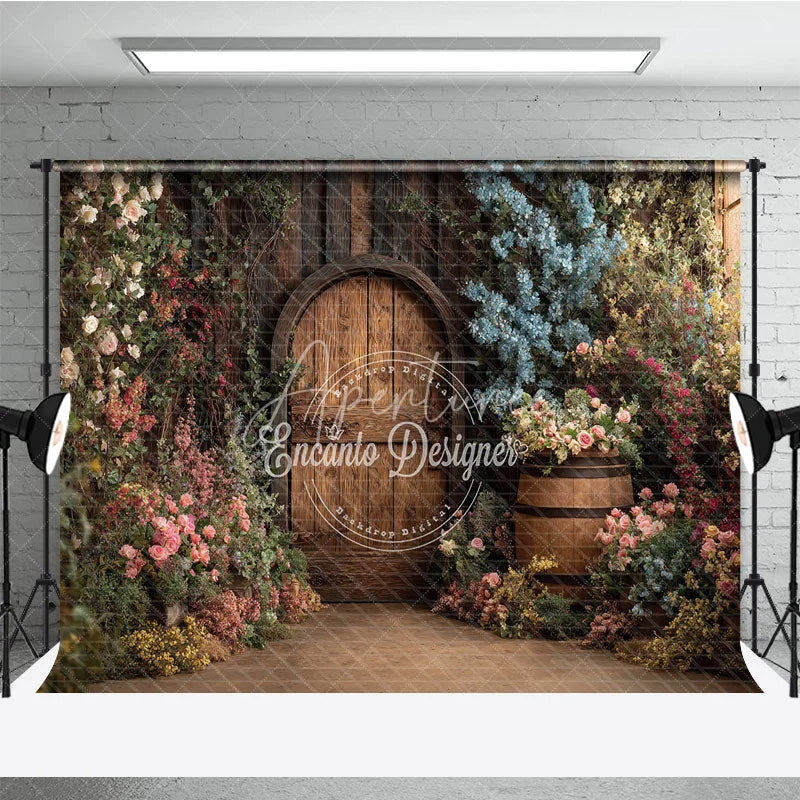 Aperturee - Aperturee Rustic Wooden Round Door Photography Backdrop Enchanted Garden with Lush Floral Archway and Barrel Decor