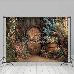 Aperturee - Aperturee Rustic Wooden Round Door Photography Backdrop Enchanted Garden with Lush Floral Archway and Barrel Decor