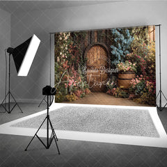 Aperturee - Aperturee Rustic Wooden Round Door Photography Backdrop Enchanted Garden with Lush Floral Archway and Barrel Decor
