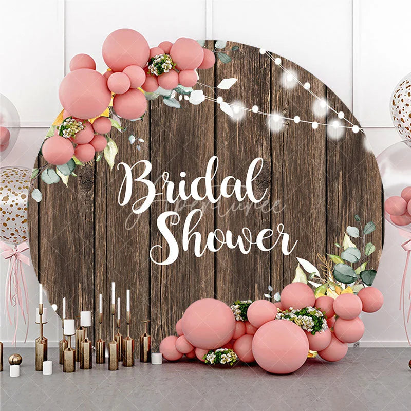 Aperturee - Aperturee Rustic Wooden Sunflower and Eucalyptus Bridal Shower Round Backdrop with Twinkle String Lights Decor