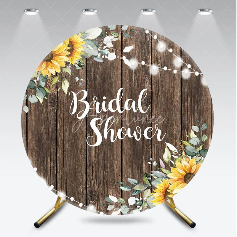 Aperturee - Aperturee Rustic Wooden Sunflower and Eucalyptus Bridal Shower Round Backdrop with Twinkle String Lights Decor