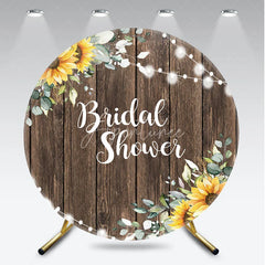 Aperturee - Aperturee Rustic Wooden Sunflower and Eucalyptus Bridal Shower Round Backdrop with Twinkle String Lights Decor