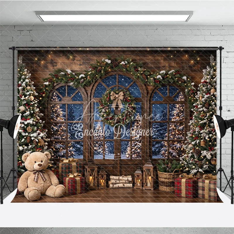 Aperturee - Aperturee Rustic Wooden Window Holiday Backdrop with Snowy Christmas Trees Festive Garland and Cozy Winter Gifts