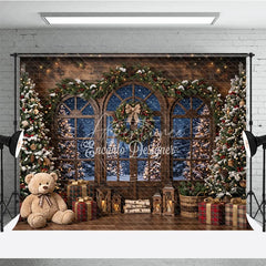 Aperturee - Aperturee Rustic Wooden Window Holiday Backdrop with Snowy Christmas Trees Festive Garland and Cozy Winter Gifts