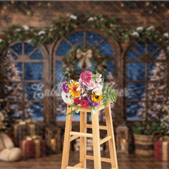 Aperturee - Aperturee Rustic Wooden Window Holiday Backdrop with Snowy Christmas Trees Festive Garland and Cozy Winter Gifts