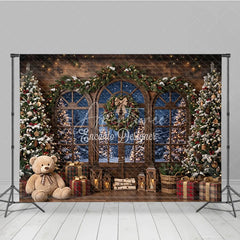 Aperturee - Aperturee Rustic Wooden Window Holiday Backdrop with Snowy Christmas Trees Festive Garland and Cozy Winter Gifts