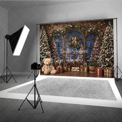 Aperturee - Aperturee Rustic Wooden Window Holiday Backdrop with Snowy Christmas Trees Festive Garland and Cozy Winter Gifts