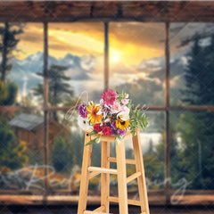 Aperturee - Aperturee Rustic Wooden Window View Photography Backdrop Sunrise Lake and Mountains Studio Background