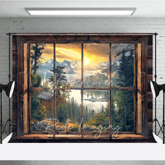 Aperturee - Aperturee Rustic Wooden Window View Photography Backdrop Sunrise Lake and Mountains Studio Background