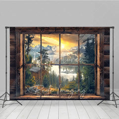 Aperturee - Aperturee Rustic Wooden Window View Photography Backdrop Sunrise Lake and Mountains Studio Background