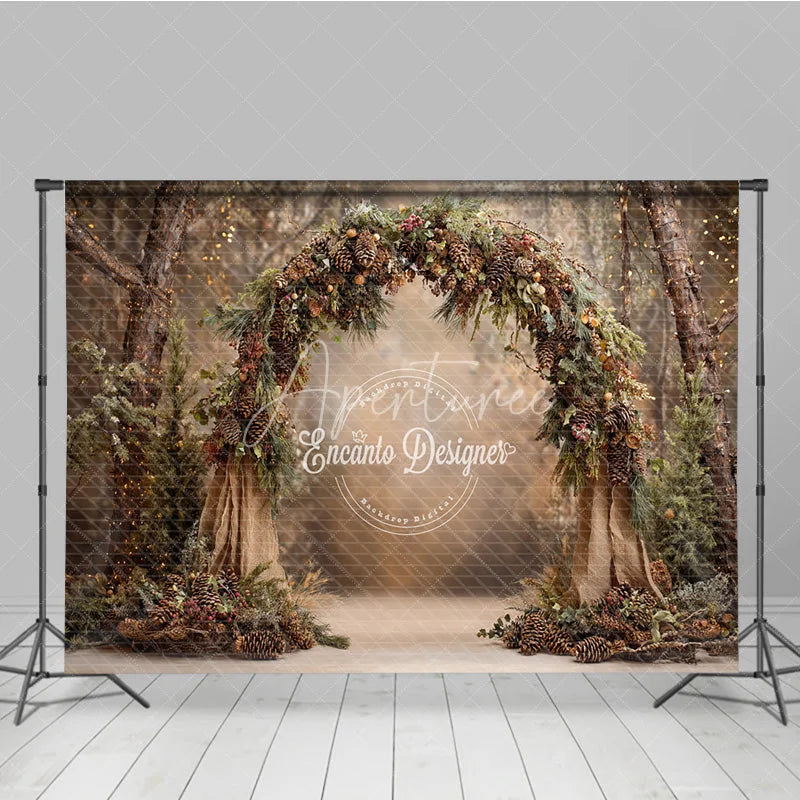 Aperturee - Aperturee Rustic Woodland Arch Backdrop Pinecone and Burlap Decor Enchanted Forest Wedding Photography Props