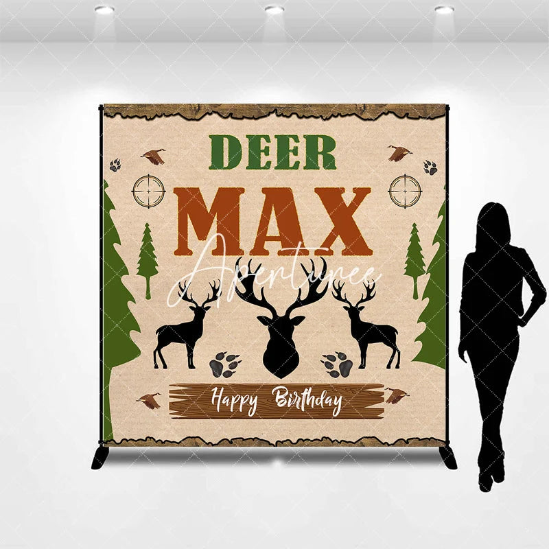 Aperturee - Aperturee Rustic Woodland Deer Hunting Theme Custom Birthday Backdrop Personalized with Name for Party