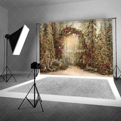 Aperturee - Aperturee Rustic Woodland Forest Arch Backdrop Red Berry Sunlit Pine Tree Photography Background