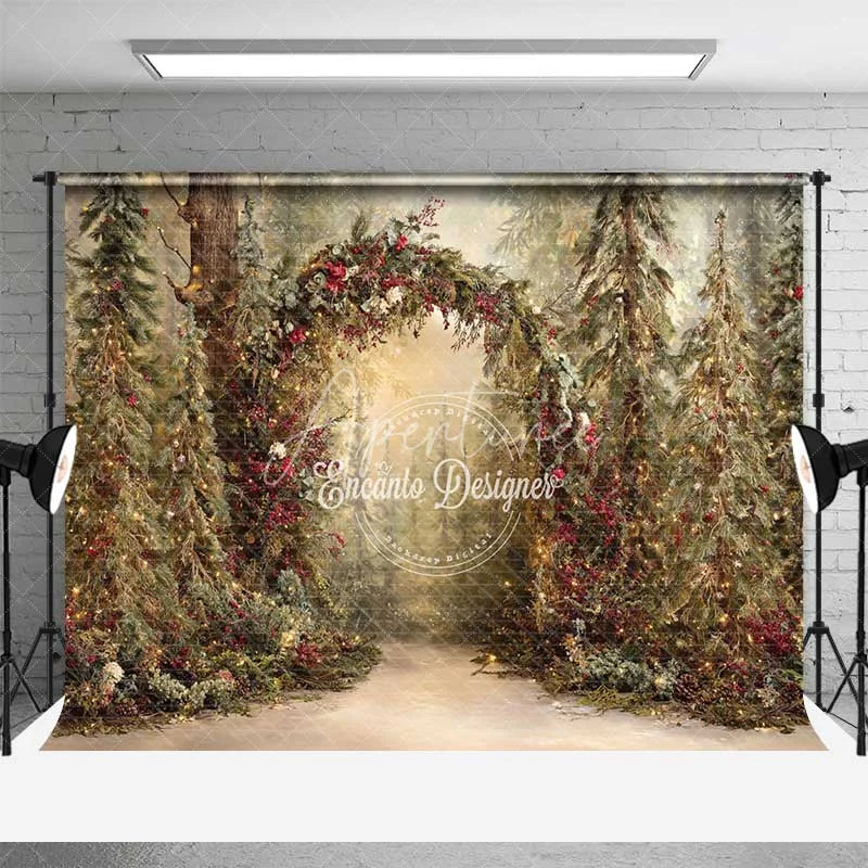 Aperturee - Aperturee Rustic Woodland Forest Arch Backdrop Red Berry Sunlit Pine Tree Photography Background