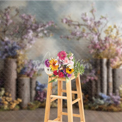 Aperturee - Aperturee Rustic Woodland Wedding Backdrop Floral Tree Stumps Photo Background Enchanted Forest Blossoms Photography for Bridal