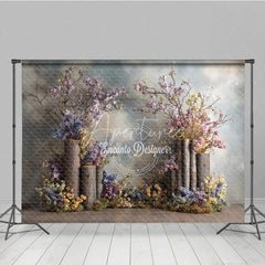 Aperturee - Aperturee Rustic Woodland Wedding Backdrop Floral Tree Stumps Photo Background Enchanted Forest Blossoms Photography for Bridal