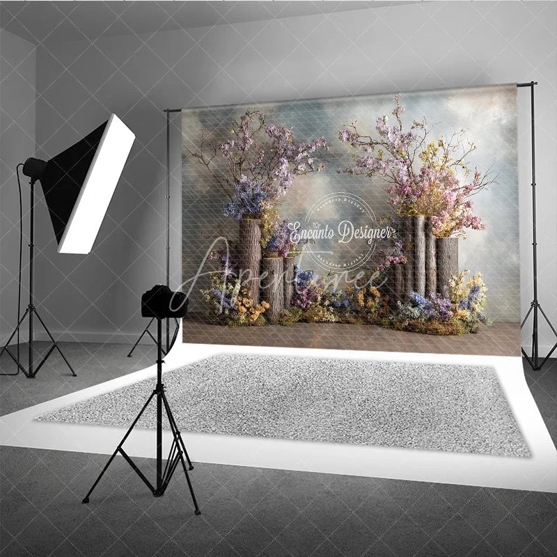 Aperturee - Aperturee Rustic Woodland Wedding Backdrop Floral Tree Stumps Photo Background Enchanted Forest Blossoms Photography for Bridal