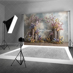 Aperturee - Aperturee Rustic Woodland Wedding Backdrop Floral Tree Stumps Photo Background Enchanted Forest Blossoms Photography for Bridal