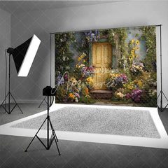 Aperturee - Aperturee Rustic Yellow Door Photography Backdrop with Vibrant Floral and Lush Greenery Enchanted Garden Scene