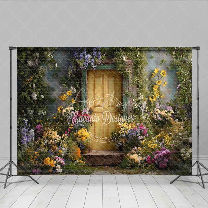 Aperturee - Aperturee Rustic Yellow Door Photography Backdrop with Vibrant Floral and Lush Greenery Enchanted Garden Scene