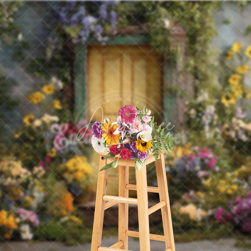 Aperturee - Aperturee Rustic Yellow Door Photography Backdrop with Vibrant Floral and Lush Greenery Enchanted Garden Scene
