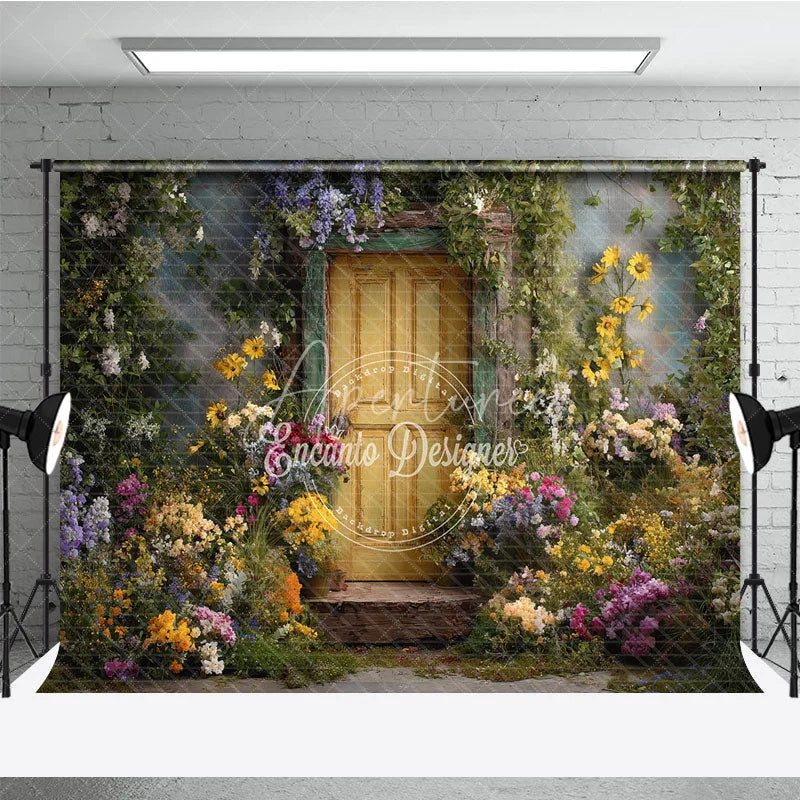 Aperturee - Aperturee Rustic Yellow Door Photography Backdrop with Vibrant Floral and Lush Greenery Enchanted Garden Scene