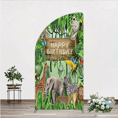 Aperturee - Aperturee Safari Happy Birthday Half Moon Arch Backdrop Wild Jungle Animals Theme Tropical Party Decor for Kids Photo Booth