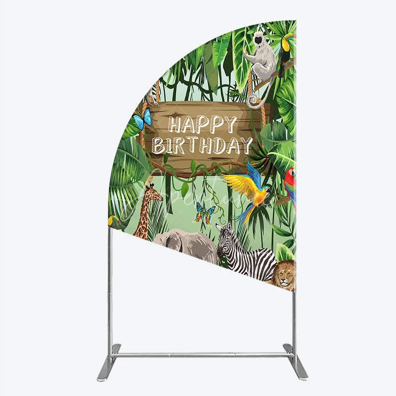 Aperturee - Aperturee Safari Happy Birthday Half Moon Arch Backdrop Wild Jungle Animals Theme Tropical Party Decor for Kids Photo Booth