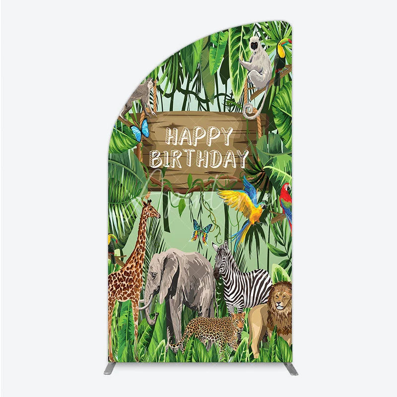 Aperturee - Aperturee Safari Happy Birthday Half Moon Arch Backdrop Wild Jungle Animals Theme Tropical Party Decor for Kids Photo Booth