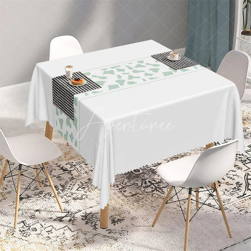 Aperturee - Aperturee Sage Green Abstract Spot Band Rectangle Tablecloth White Modern Pattern Table Cover for Party