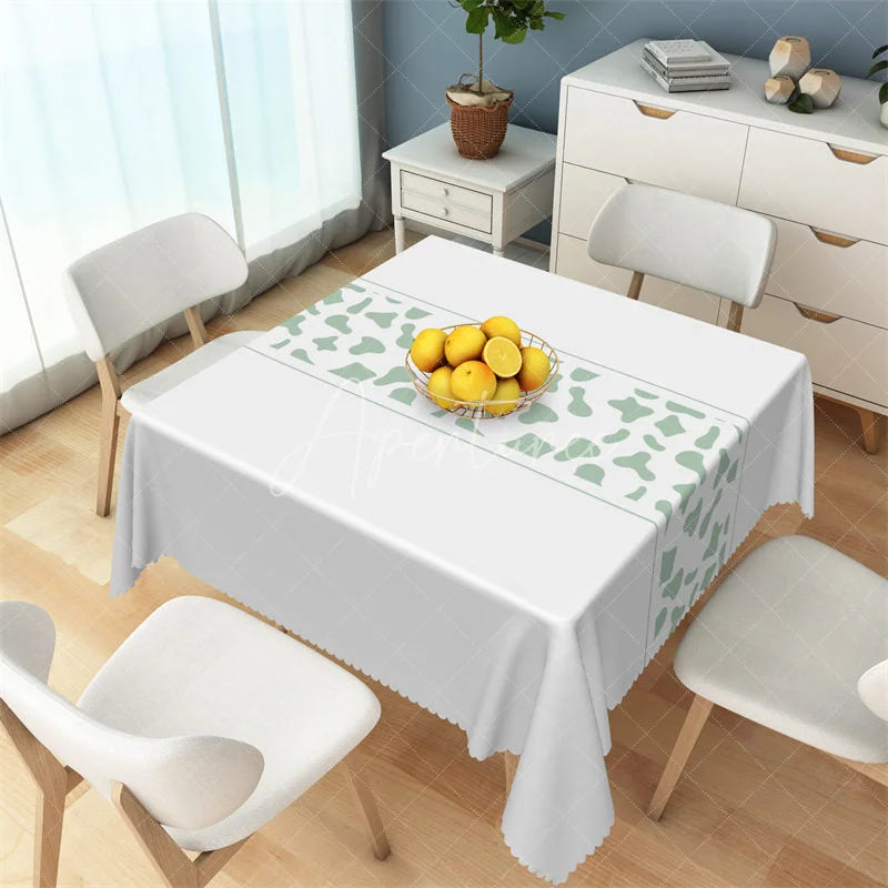 Aperturee - Aperturee Sage Green Abstract Spot Band Rectangle Tablecloth White Modern Pattern Table Cover for Party