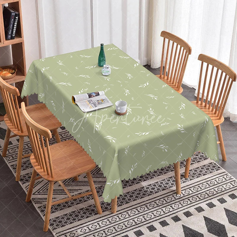 Aperturee - Aperturee Sage Green Botanical Leaf Rectangle Tablecloth Simple Modern Farmhouse Style Minimalist Kitchen Dining Decor