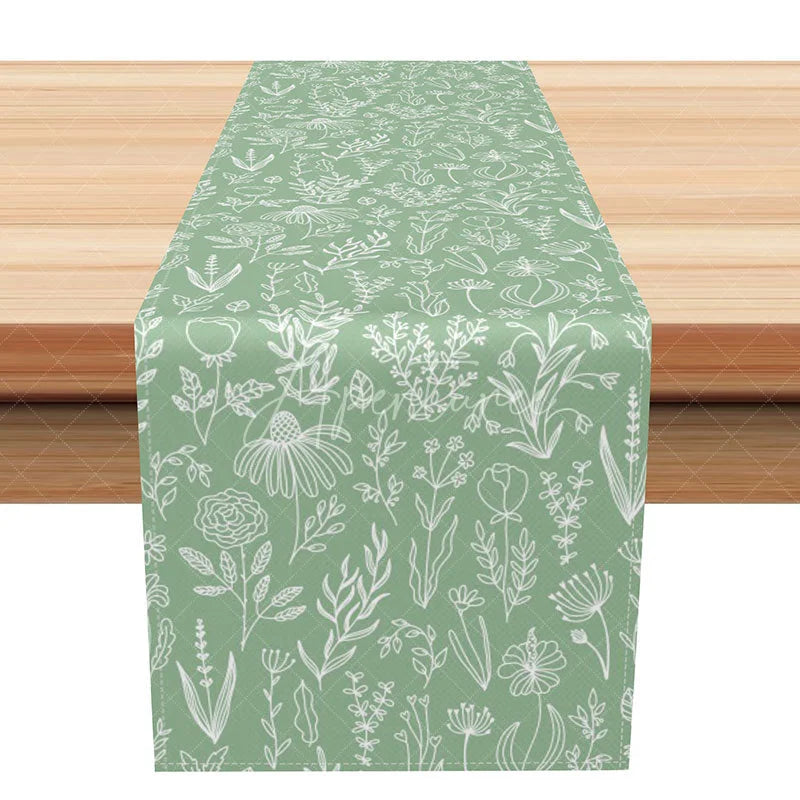 Aperturee - Aperturee Sage Green Botanical Table Runner with White Leaf Print Modern Farmhouse Style for Kitchen Dining Decor
