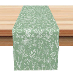 Aperturee - Aperturee Sage Green Botanical Table Runner with White Leaf Print Modern Farmhouse Style for Kitchen Dining Decor