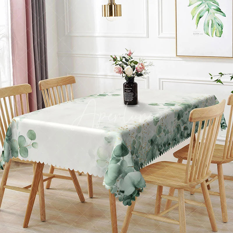 Aperturee - Aperturee Sage Green Eucalyptus and Gold Dust Rectangle Tablecloth Botanical Foliage Table Cover Modern Boho Dining Decor