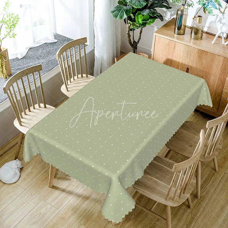 Aperturee - Aperturee Sage Green Geometric Rectangle Tablecloth Simple White Dots Grid Pattern Modern Minimalist Dining Room Kitchen Decor