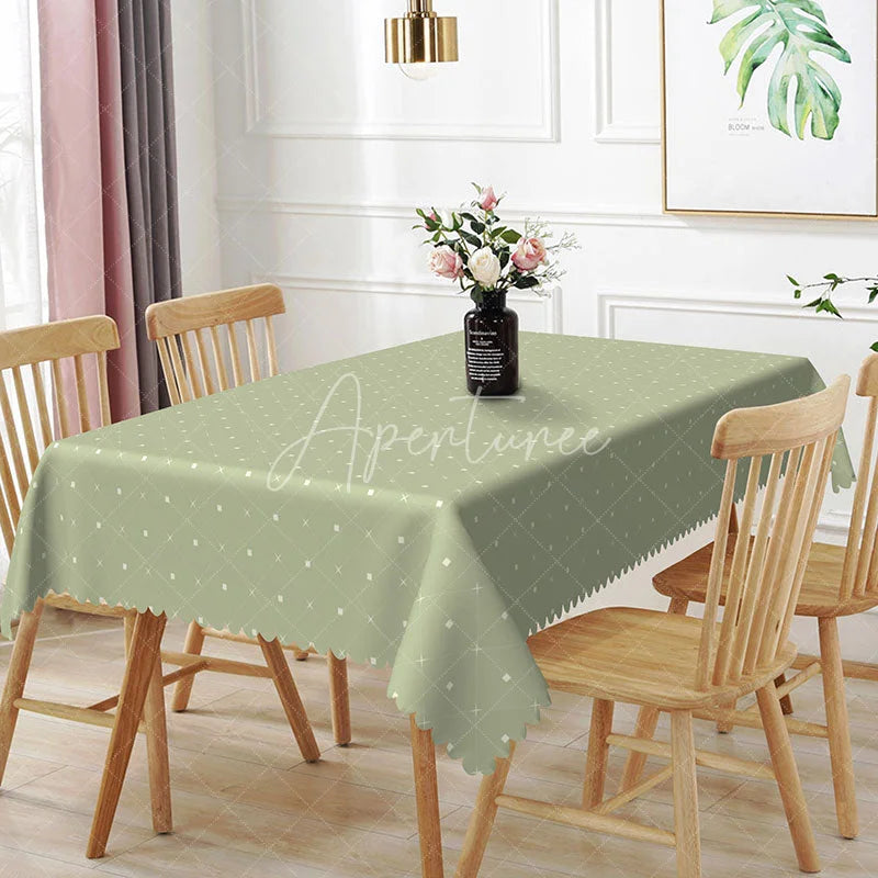 Aperturee - Aperturee Sage Green Geometric Rectangle Tablecloth Simple White Dots Grid Pattern Modern Minimalist Dining Room Kitchen Decor